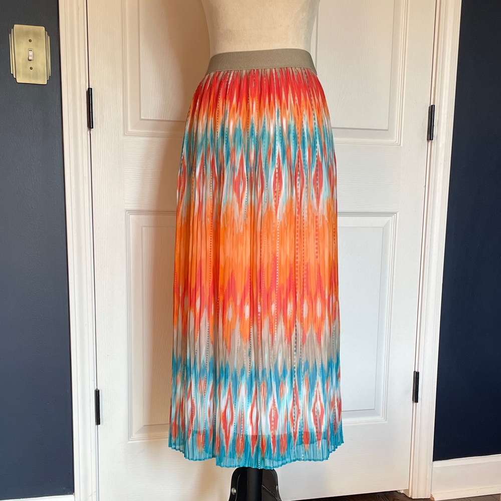 Ruby Rd Multi Color Pleated Accordion Maxi Skirt Turquoise Orange Size 10